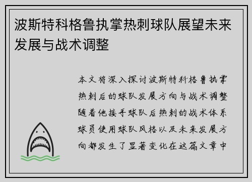 波斯特科格鲁执掌热刺球队展望未来发展与战术调整